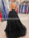 A-line V-neck Tulle Asymmetrical Prom Dresses With Tiered #Favs020114432