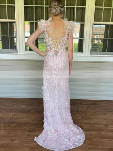 Sheath/Column V-neck Tulle Sweep Train Prom Dresses With Feathers / Fur #Favs020114455