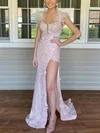 Sheath/Column V-neck Tulle Sweep Train Prom Dresses With Feathers / Fur #Favs020114455