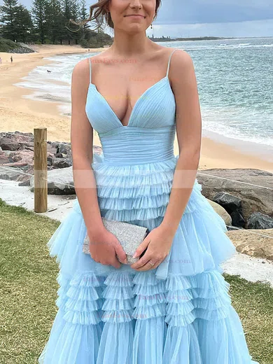 A-line V-neck Tulle Sweep Train Prom Dresses With Tiered #Favs020114462