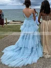 A-line V-neck Tulle Sweep Train Prom Dresses With Tiered #Favs020114462