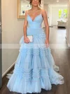 A-line V-neck Tulle Sweep Train Prom Dresses With Tiered #Favs020114462