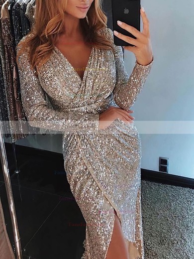 Sheath/Column V-neck Sequined Asymmetrical Prom Dresses With Sashes / Ribbons #Favs020114511