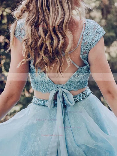 A-line Scoop Neck Lace Tulle Sweep Train Prom Dresses With Sashes / Ribbons #Favs020114512