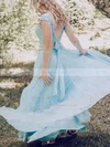 A-line Scoop Neck Lace Tulle Sweep Train Prom Dresses With Sashes / Ribbons #Favs020114512