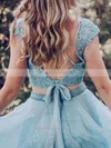A-line Scoop Neck Lace Tulle Sweep Train Prom Dresses With Sashes / Ribbons #Favs020114512