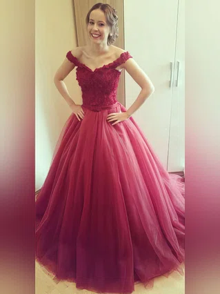 Ball Gown Off-the-shoulder Tulle Sweep Train Appliques Lace Prom Dresses #Favs020102328 Ball Gown Off-the-shoulder Tulle Sweep Train Appliques Lace Prom Dresses #Favs020102328