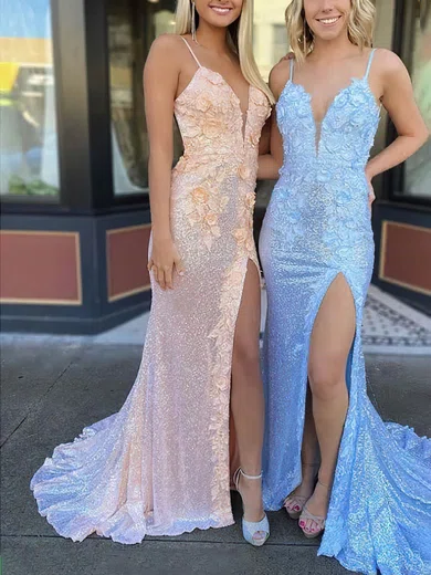 Sheath/Column V-neck Glitter Sweep Train Prom Dresses With Appliques Lace #Favs020114563