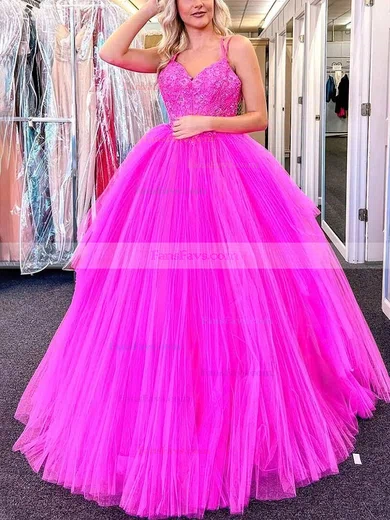Ball Gown V-neck Tulle Floor-length Prom Dresses With Appliques Lace #Favs020114583