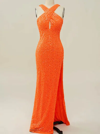 Sheath/Column V-neck Sequined Floor-length Prom Dresses With Split Front #Favs020114602