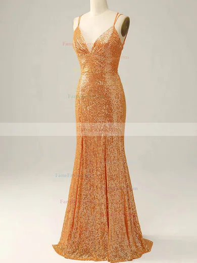 Sheath/Column V-neck Sequined Floor-length Prom Dresses #Favs020114604