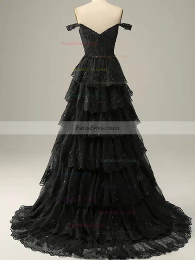 A-line Off-the-shoulder Lace Sweep Train Prom Dresses With Tiered #Favs020114605