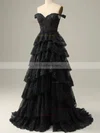A-line Off-the-shoulder Lace Sweep Train Prom Dresses With Tiered #Favs020114605