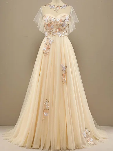 A-line Scoop Neck Tulle Sweep Train Prom Dresses With Appliques Lace #Favs020114616