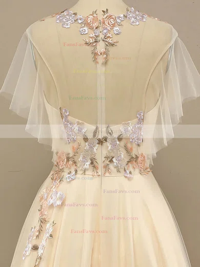 A-line Scoop Neck Tulle Sweep Train Prom Dresses With Appliques Lace #Favs020114616