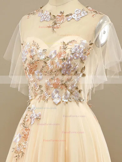 A-line Scoop Neck Tulle Sweep Train Prom Dresses With Appliques Lace #Favs020114616