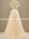 A-line Scoop Neck Tulle Sweep Train Prom Dresses With Appliques Lace #Favs020114616
