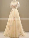 A-line Scoop Neck Tulle Sweep Train Prom Dresses With Appliques Lace #Favs020114616