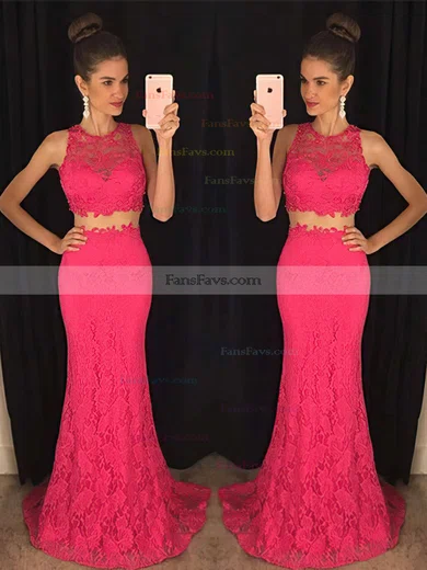 Trumpet/Mermaid Scoop Neck Lace Sweep Train Appliques Lace Prom Dresses #Favs020102334