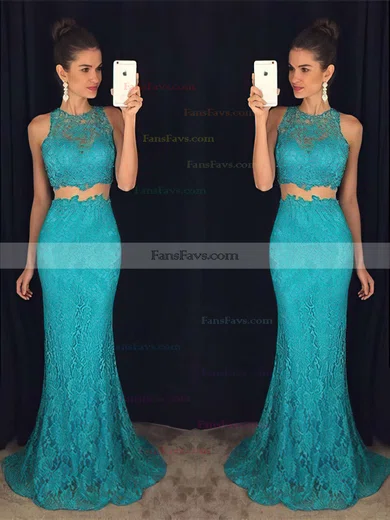 Trumpet/Mermaid Scoop Neck Lace Sweep Train Appliques Lace Prom Dresses #Favs020102334