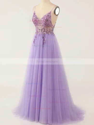 A-line V-neck Tulle Sweep Train Prom Dresses With Beading #Favs020114618
