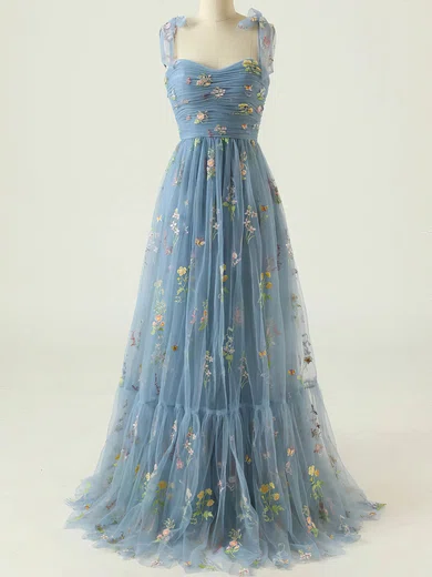 A-line Sweetheart Tulle Floor-length Prom Dresses With Ruffles #Favs020114622