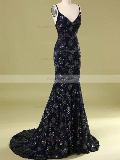 Trumpet/Mermaid V-neck Lace Sweep Train Prom Dresses With Sequins #Favs020114624