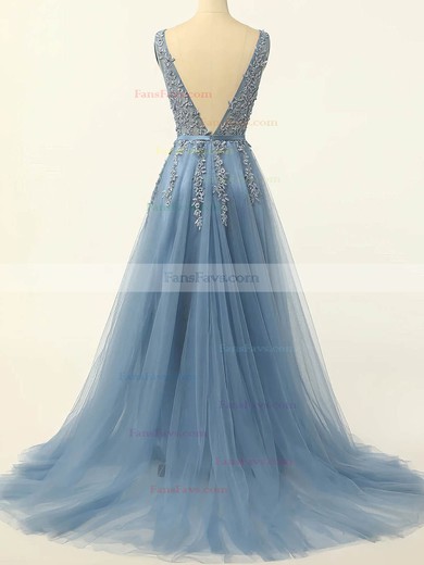 Princess V-neck Tulle Sweep Train Prom Dresses With Sashes / Ribbons #Favs020114625