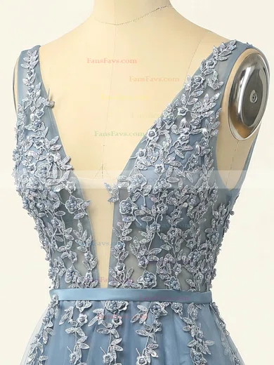 Princess V-neck Tulle Sweep Train Prom Dresses With Sashes / Ribbons #Favs020114625