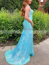 Sheath/Column Square Neckline Sequined Sweep Train Prom Dresses With Split Front #Favs020114630