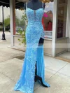Sheath/Column Square Neckline Sequined Sweep Train Prom Dresses With Split Front #Favs020114630