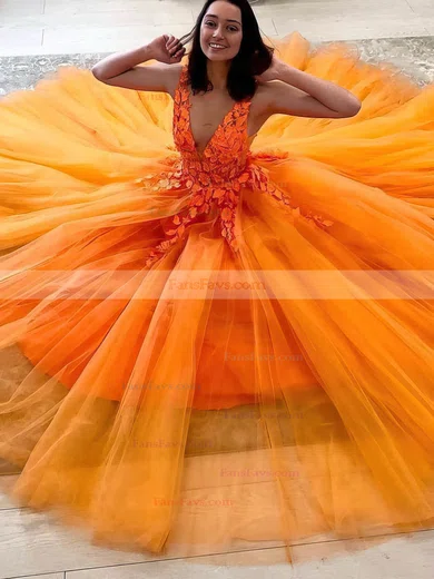 A-line V-neck Tulle Floor-length Prom Dresses With Appliques Lace #Favs020114678