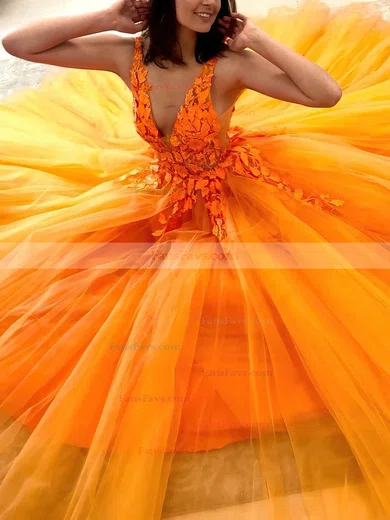 A-line V-neck Tulle Floor-length Prom Dresses With Appliques Lace #Favs020114678