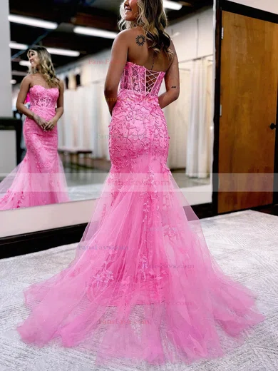 Trumpet/Mermaid Sweetheart Tulle Sweep Train Prom Dresses With Appliques Lace #Favs020114701