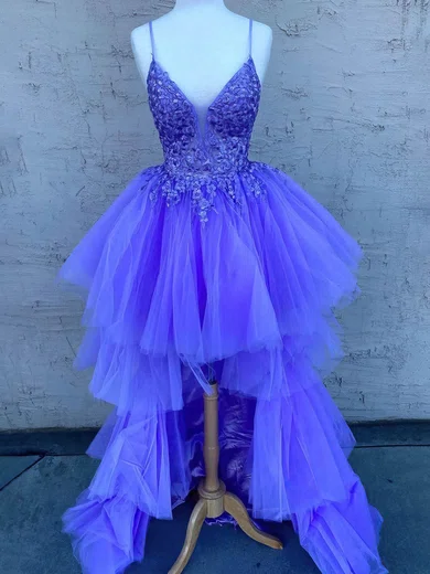 A-line V-neck Tulle Asymmetrical Prom Dresses With Tiered #Favs020114716