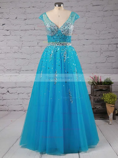 Princess V-neck Tulle Floor-length Beading Prom Dresses #Favs020102401