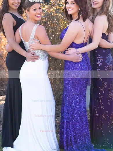 Sheath/Column V-neck Sequined Sweep Train Prom Dresses With Split Front #Favs020114730