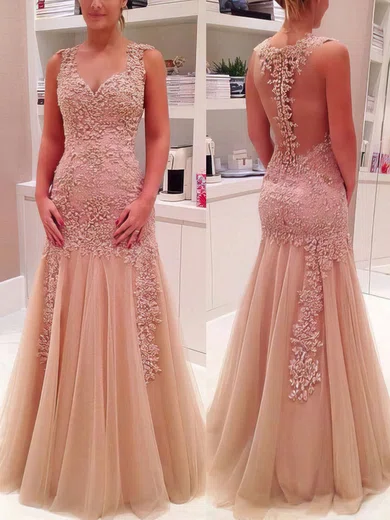Trumpet/Mermaid V-neck Tulle Floor-length Appliques Lace Prom Dresses #Favs020102421