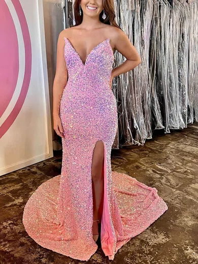 Sheath/Column V-neck Sequined Sweep Train Prom Dresses With Split Front #Favs020114850