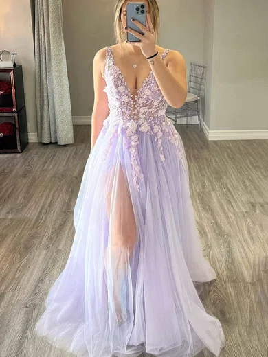 A-line V-neck Tulle Sweep Train Prom Dresses With Appliques Lace #Favs020114852