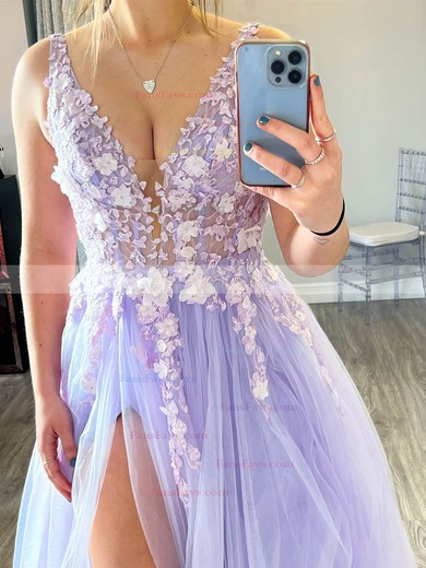 A-line V-neck Tulle Sweep Train Prom Dresses With Appliques Lace #Favs020114852