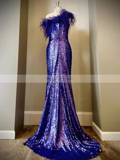 Sheath/Column One Shoulder Sequined Sweep Train Prom Dresses With Feathers / Fur #Favs020114856