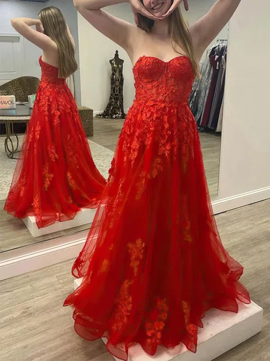 A-line Sweetheart Tulle Sweep Train Prom Dresses With Appliques Lace #Favs020114875