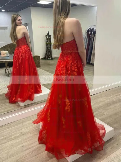 A-line Sweetheart Tulle Sweep Train Prom Dresses With Appliques Lace #Favs020114875