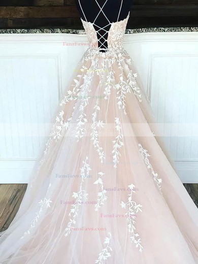 A-line Scoop Neck Tulle Sweep Train Prom Dresses With Appliques Lace #Favs020114878