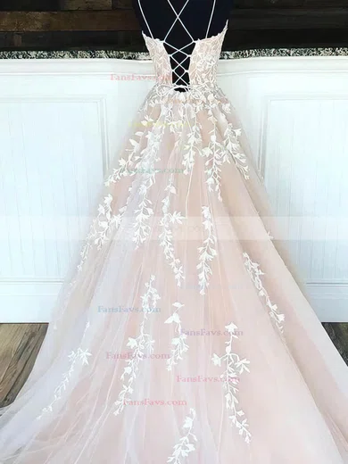 A-line Scoop Neck Tulle Sweep Train Prom Dresses With Appliques Lace #Favs020114878