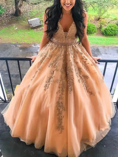 Ball Gown V-neck Tulle Sweep Train Prom Dresses With Sashes / Ribbons #Favs020114879