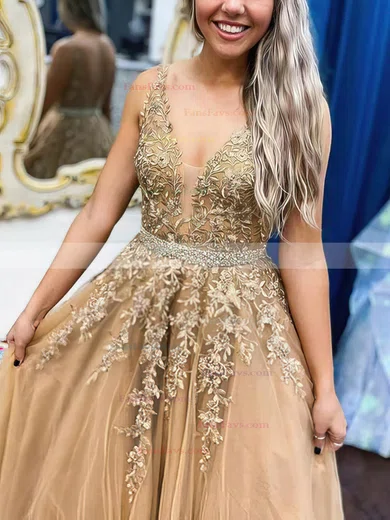 A-line V-neck Tulle Sweep Train Prom Dresses With Appliques Lace #Favs020114889