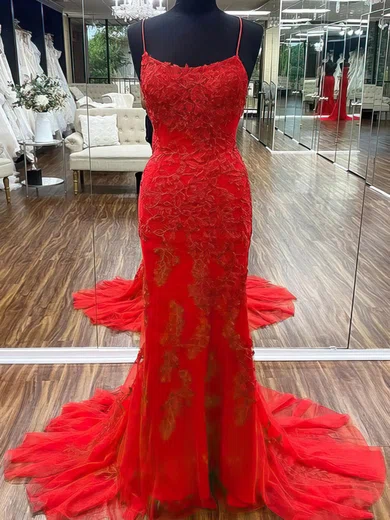 Sheath/Column Scoop Neck Tulle Sweep Train Prom Dresses With Appliques Lace #Favs020114902