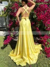 A-line V-neck Silk-like Satin Sweep Train Prom Dresses With Pockets #Favs020114919